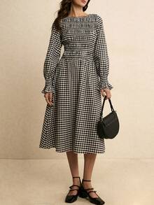 Poéselle Women's Elegant Commuter Plaid Midi Cotton Dress, Plaid Dress Women, Gingham Dress, Checkered Dress - Black and White - View 5