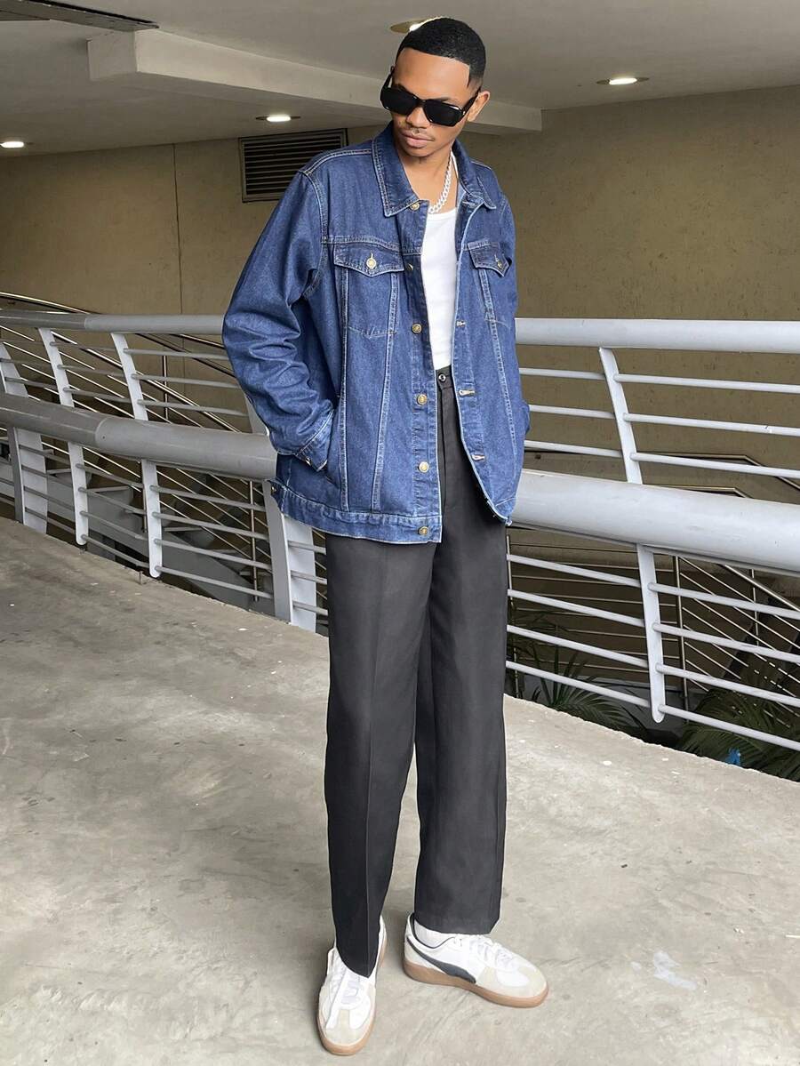 Ngobest Haus Ngobest Haus Men's New Front Button Long Sleeve Pocket Casual Simple Versatile Denim Jacket, For Fall - Dark Wash - View 1