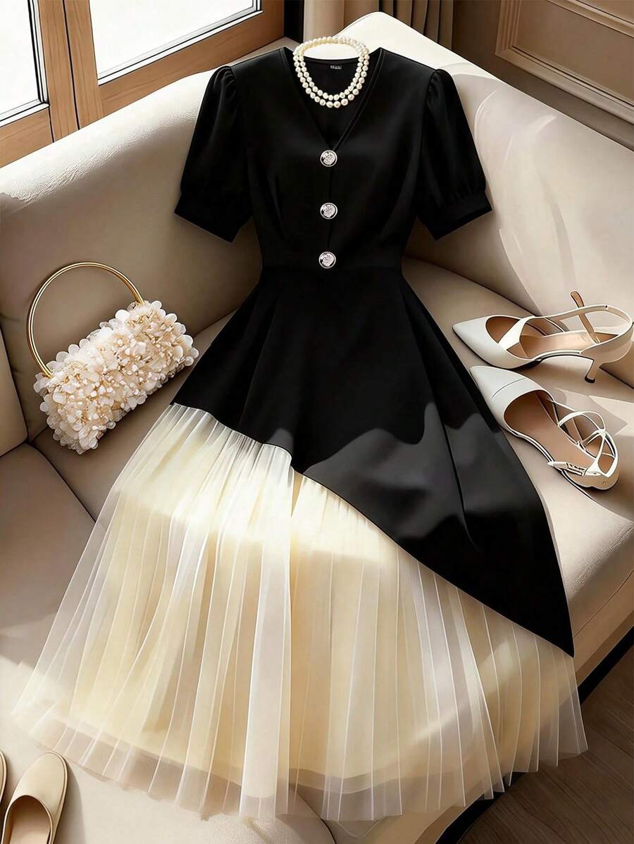 GlowEve 大码女式天鹅绒拼接网纱A字优雅日常通勤时尚法式街头复古百搭派对棕褐色拼接长袖连衣裙，早春 - 彩色 - 查看 1