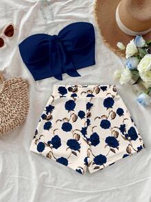 Soleia Set de top bandeau de unicolor y shorts estampados para mujer, 2 piezas - Azul - Ver 7