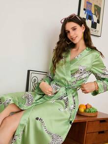 Leopard Print Satin Women Robe - Multicolor - View 1