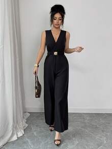 SHEIN PETITE Women's Sexy V-Neck Sleeveless Thin Waist Belt Accessory Wide Leg Jumpsuit, Spring/Summer - Black - View 6