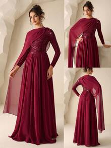 Coutiva 优雅派对亮片拼接披肩袖连衣裙 - 酒紅色 - 查看 4