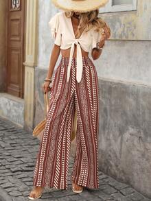 Brillora 女士高腰全印花斜插口袋休闲度假裤，度假，度假风，波西米亚风，波西米亚条纹裤，夏季沙滩条纹印花打结腰直筒裤，女士度假装，女士假日装，女士沙滩度假装，女士夏季装 - 棕色 - 查看 7