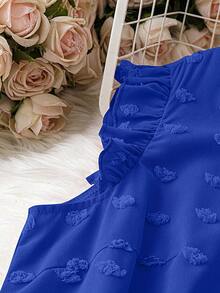 DreamSkyne Plus Size Solid Color Cap Sleeve V-Neck Ruffle Hem Simple Summer Shirt - Blue - View 5