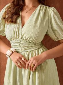 Roveilla Plus Size Women's New Spring Dress, Summer Ladies Clothing Textured Dress, Flared Hem Dress, Birthday Dress, Vacation Bohemian Style Elegant Wedding Guest Romantic Dress Summer Elegant Dress Smocked Women Dress Light Green Dress Women Elegant Summer Dress Women Casual Dresses Women Dresses Elegant Classic Picnic Dresses For Women Women's Dress Resort Wear Women Vacation Dress Summer Elegant Dresses For Women Long Casual Dresses For Woman - Light Yellow - View 6