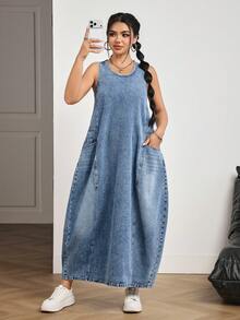 SHEIN PETITE Women's Casual Round Neck Pocket Denim Dress, Suitable For Daily Wear, Dates And Outings - Blue - View 5