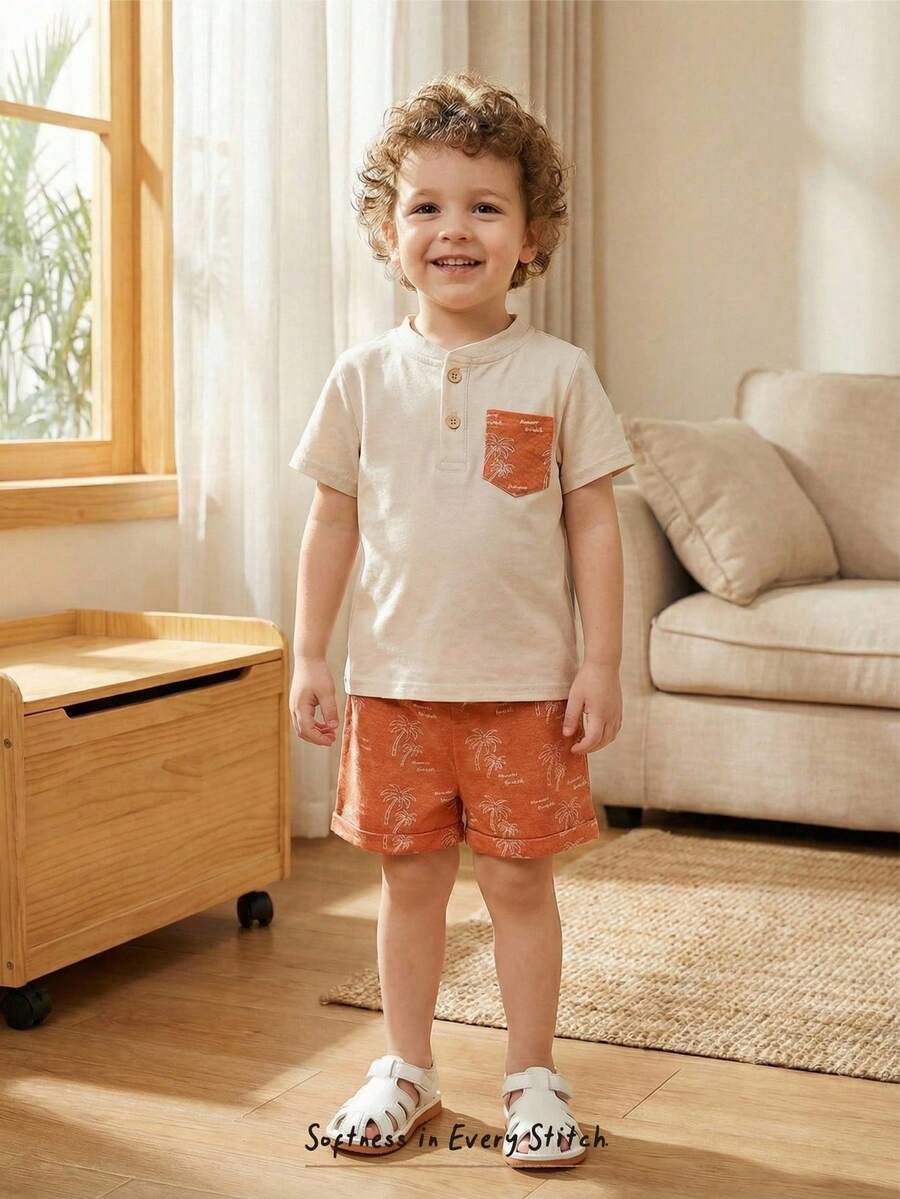 Cozy Pixies 2pcs/Set Young Boy Apricot Print Vacation Plant Pattern Pocket Half-Zip All-Match Mandarin Collar Pullover Top & Soft Printed Pants Set Boy Cotton Set Kids Long Sleeve Summer Sets Linen 2 Piece Boy Summer Set Boy Linen Outfit Boys Linen Short Sets Cotton Clothes - Multicolor - View 1