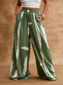 Vixey Woven Elastic Waistband Wide Leg Flowy Vacation Pants - Green - View 2