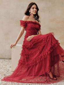 Anewsta 女士新款酒红色网纱喇叭连衣裙，春夏款，适合生日派对、婚礼、伴娘等场合，A字露肩连衣裙，红色长裙，红色荷叶边连衣裙，红色长款连衣裙，女士红色连衣裙 - 紅色 - 查看 1