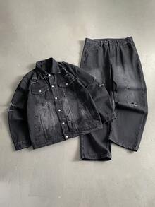 StoneGrade 男士长袖单排扣破洞牛仔夹克和黑色牛仔裤套装外出通勤工作都市秋季服装 - 黑色 - 查看 1