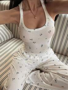 Livesso 2pcs Women Casual Printed Tank Top & Pants Set - Beige - View 9