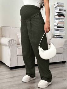 SHEIN 孕妇纯色高腰斜插口袋休闲百搭阔腿裤 - 橄欖綠 - 查看 4