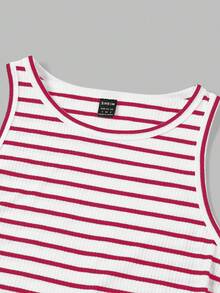 Modmama Maternity Solid Color + Striped Print Round Neck Fitted Sleeveless Dress - Red - View 14