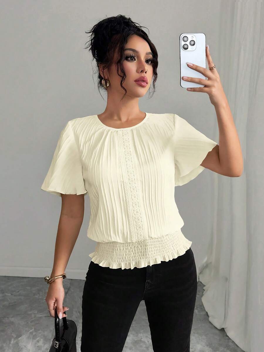 Selianne PETITE Teksturowana, falbaniasta, dekoracyjna bluzka damska z elastyczną talią, swobodna, minimalistyczna i elegancka na święta/afrykańskie sukienki dla kobiet/bandaż/4 lipca/elegancki, swobodny styl/jesień, Halloween, powrót do domu, powrót do szkoły/skromny - Morela - Zobacz 1