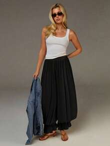 Athîral Women's Black Beige Stretch Waist Loose Casual Lantern Pants, Fluffy Trousers, Slightly Sheer Woven Fabric, Women's Summer Wear, Chiffon Fabric Trousers, Women's Beachwear, Women's Casual Wear, Boho Pants For Women - Black - View 1