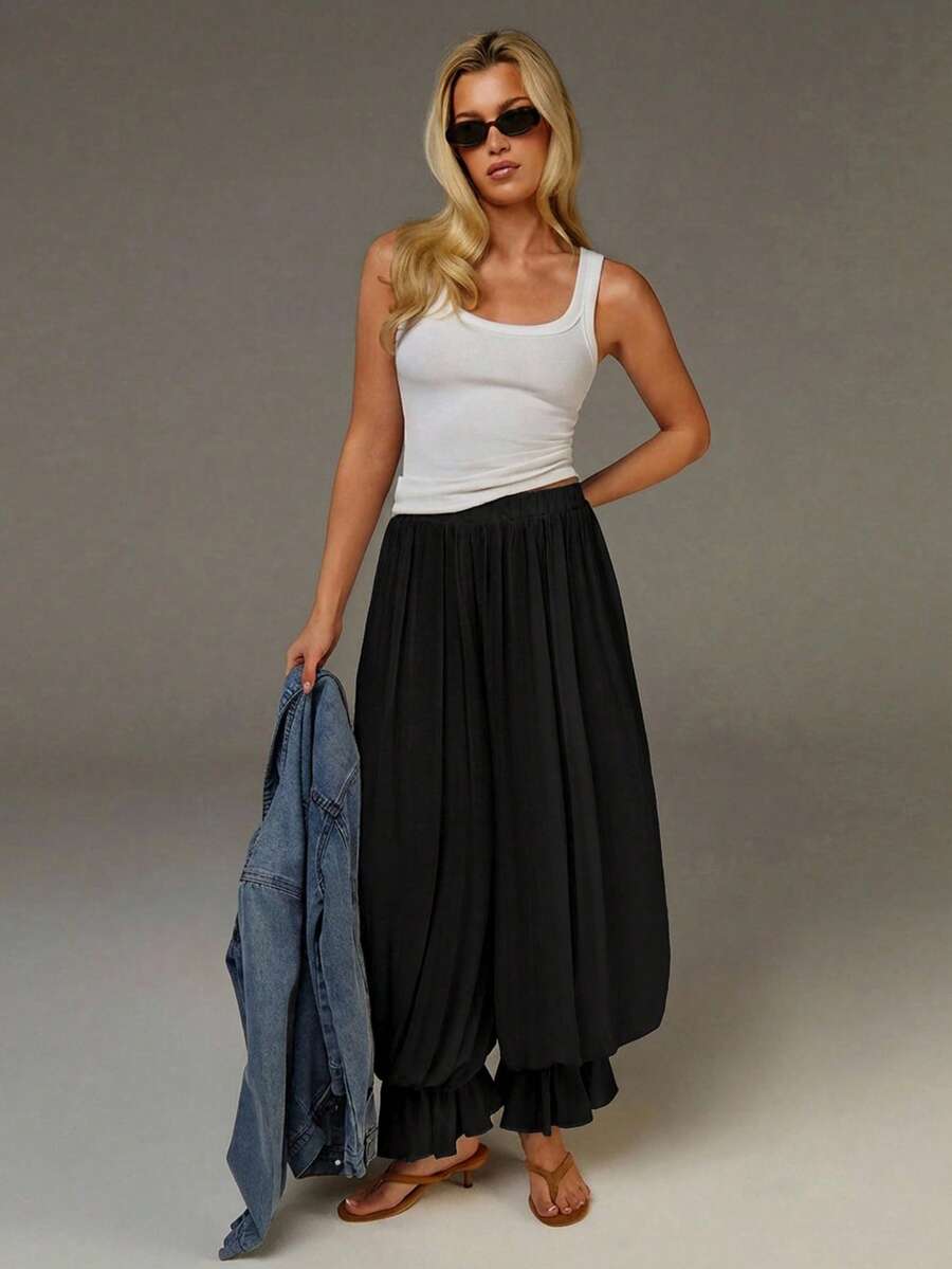 Athîral Women's Black Beige Stretch Waist Loose Casual Lantern Pants, Fluffy Trousers, Slightly Sheer Woven Fabric, Women's Summer Wear, Chiffon Fabric Trousers, Women's Beachwear, Women's Casual Wear, Boho Pants For Women - Black - View 1