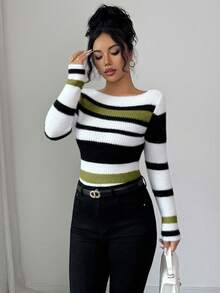 SHEIN Elenzya Élégant pull tricoté slim à manches longues et épaules dénudées pour femmes, multicolore. Convient pour le travail, l'automne/l'hiver - Vert - Voir 4