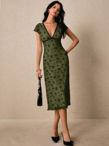 Poéselle Đầm midi ôm dáng tay ngắn phối màu tương phản dành cho nữ, thanh lịch mùa hè. - xanh quân đội - Xem 2