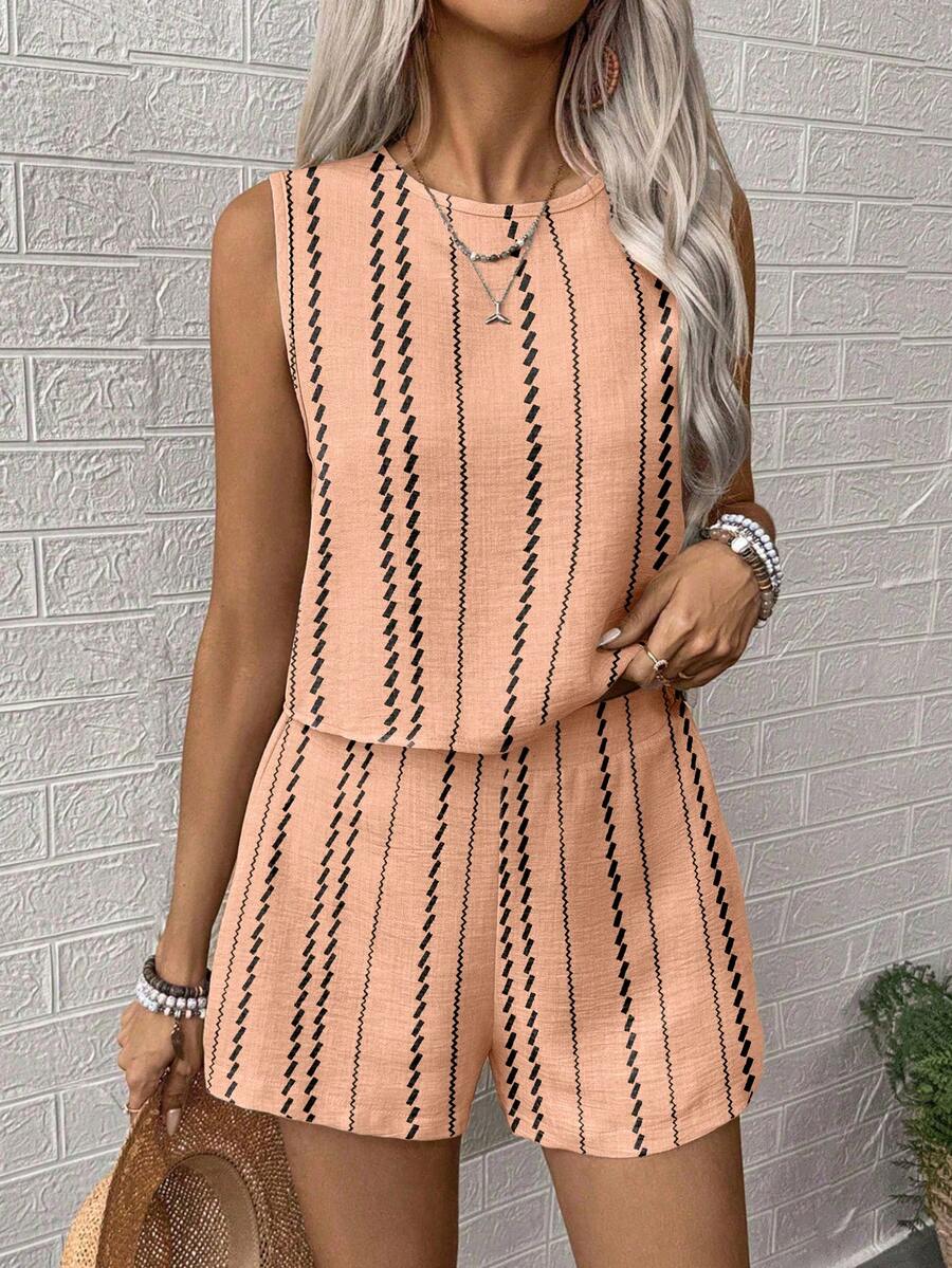 SHEIN LUNE Set de 2 piese pentru femei, casual, cu dungi, fără mâneci și pantaloni scurți, de vară - Roz - Vizualizare 1