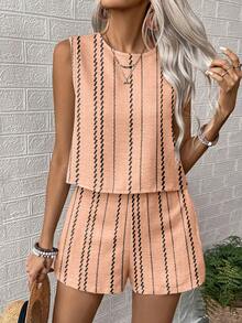 SHEIN LUNE Set de 2 piese pentru femei, casual, cu dungi, fără mâneci și pantaloni scurți, de vară - Roz - Vizualizare 4