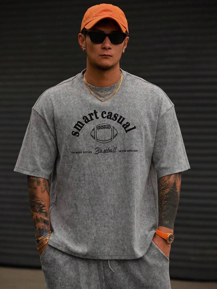 Men's Letter Print Grey Short Sleeve T-Shirt And Shorts Set, Summer