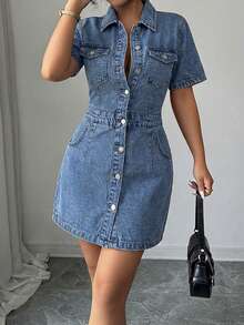 EURMUSE Women's Single-Breasted Short Sleeve Denim Dress - Medium Wash - View 3
