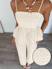 Siren Gaze 2件套女士纯色荷叶边下摆吊带背心和裤子套装 - 杏色 - 查看 1