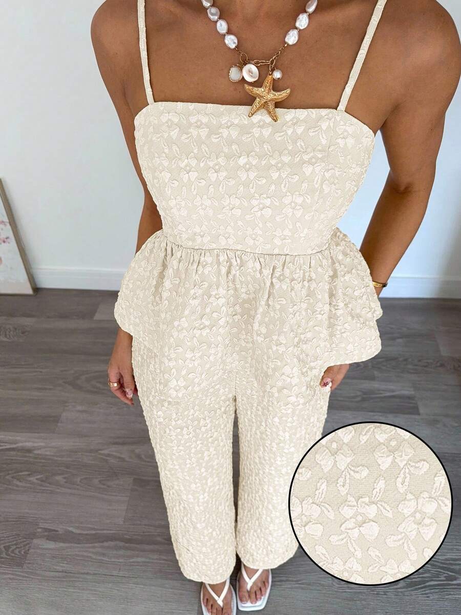 Siren Gaze 2件套女士纯色荷叶边下摆吊带背心和裤子套装 - 杏色 - 查看 1