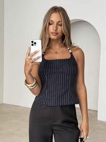 Siren Gaze Women's Casual Striped Print Halter Neck Top Women's Vintage Thin Striped Halter Top  Women's Vintage Thin Striped Halter Top | Slim Fit With Tailored Cut, Square Neck Design, Flattering For Vacation And Work, Versatile Tank Top Beaded Tops Beaded Halter Neck Striped Top Tube Top Halter Neck Top  Women's Vacation Striped Front Tie Sexy Halter Neck Camisole Women's Summer Solid Front Tie Halter Neck Crop Top Y2K Omen's Summer Stripe Single-Breasted Halter Neck Camisole Women's Casual Striped Halter Neck Tie Back Tank Top Graphic Tees Women Tops Striped Drawstring Tie Sexy Halter Neck Backless Tank Top For Women Halter Deep V-Neck Cinched Waist A-Line Backless Camisole Navy Blue Halter Tank Top Neck Sleeveless Backless Tank Tops Plaid Tie-Up Crop Vest Summer Shirts Streetwear Fashionable Versatile All-Match Beach Holiday, Spring/Summer,Summer Top - Royal Blue - View 6