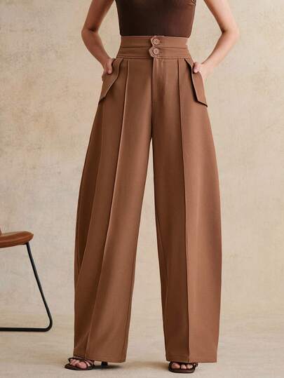Anewsta Women's High Waist Slimming Double-Breasted Casual Suit Pants, Loose Wide Leg Flared Trousers, Spring/Summer
