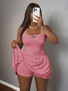 Slaydiva 新款春夏休闲基础款U领露背背心，黑色标签白色文字，百褶裙搭配短裤和阔腿裤，白色针织面料女士迷你连衣裙，百褶迷你连衣裙，网球裙，Y2K风格连衣裙，粉色连衣裙 - 藕粉色 - 查看 9