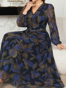 Modelyn Damen Spitzen-Patchwork Laternärmel Kleid mit V-Ausschnitt, elastischer Taille, A-Linie und floralem Muster, elegantes Plusgrößen-Kleid - Verschiedenfarbig - Übersicht 7