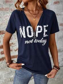 SHEIN LUNE Áo thun ngắn tay in hình lễ hội âm nhạc dành cho nữ, thích hợp cho mùa xuân/hè. - Màu xanh hải quân - Xem 4