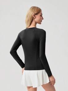 OutZeal 女士运动T恤瑜伽健身上衣柔软弹力修身长袖圆领 - 黑色 - 查看 6