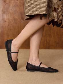 MOTF Sepatu Flat Jaring Transparan Kasual Wanita untuk Perjalanan Sehari-hari, Sepatu Musim Semi - Hitam - View 3