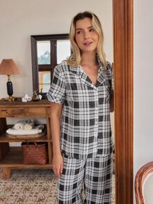 Doze Lane Women's Casual Turndown Collar Plaid Print Pocket Short Sleeve Pajama Set - Multicolor - View 3