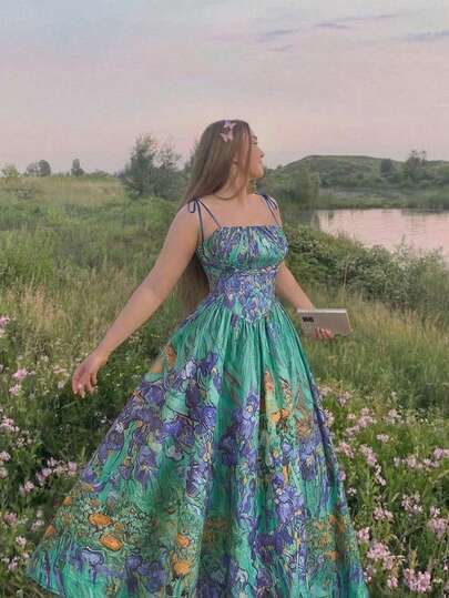 SHEIN MOD 大码夏季油画蓝色花卉印花细肩带中长连衣裙