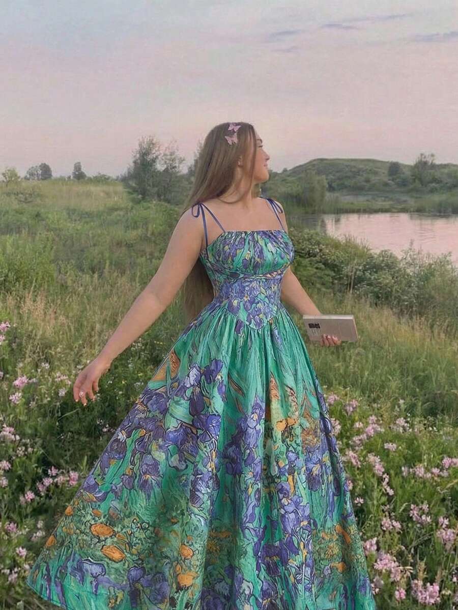 SHEIN MOD 大码夏季油画蓝色花卉印花细肩带中长连衣裙 - 彩色 - 查看 1