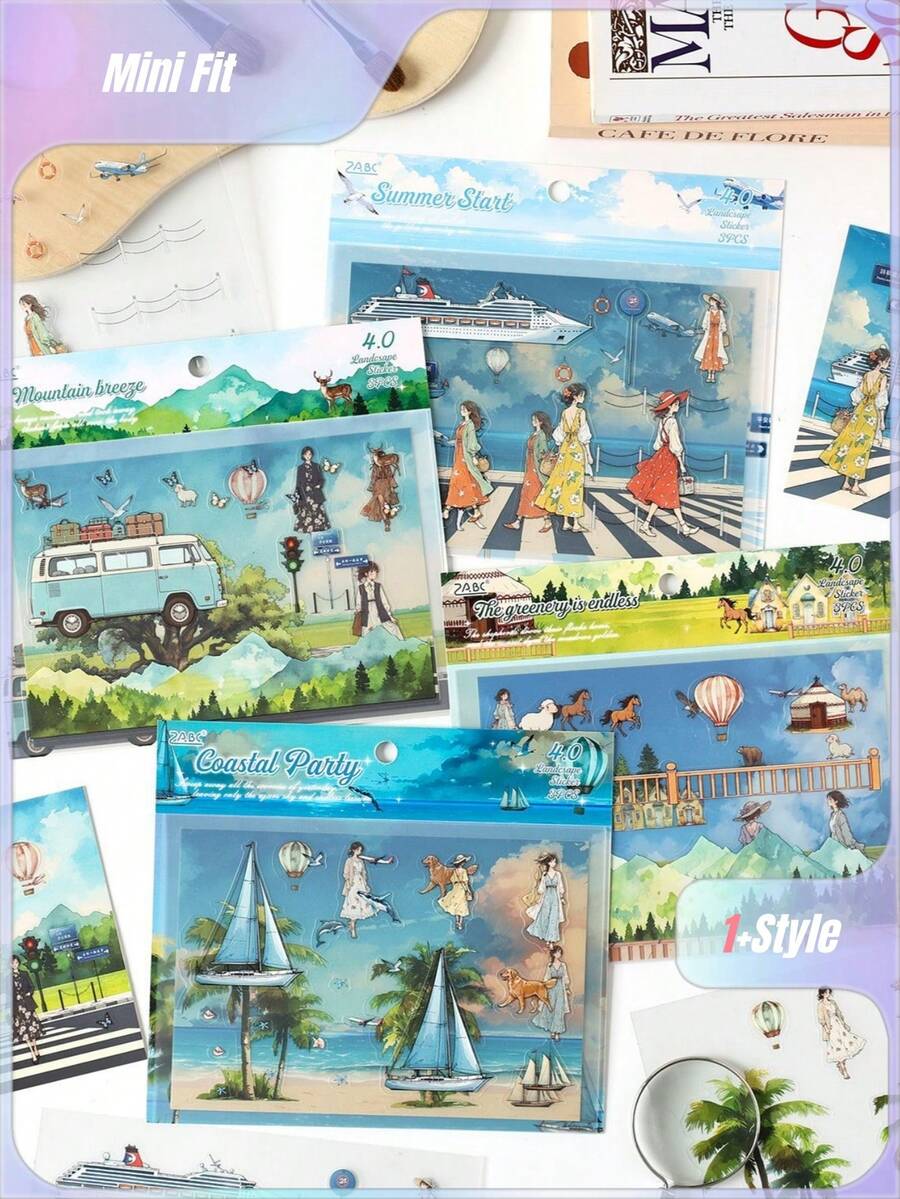 一套4张长款假日哑光宠物风景贴纸，高品质卡通贴纸，日记素材 - 套裝 - 查看 1