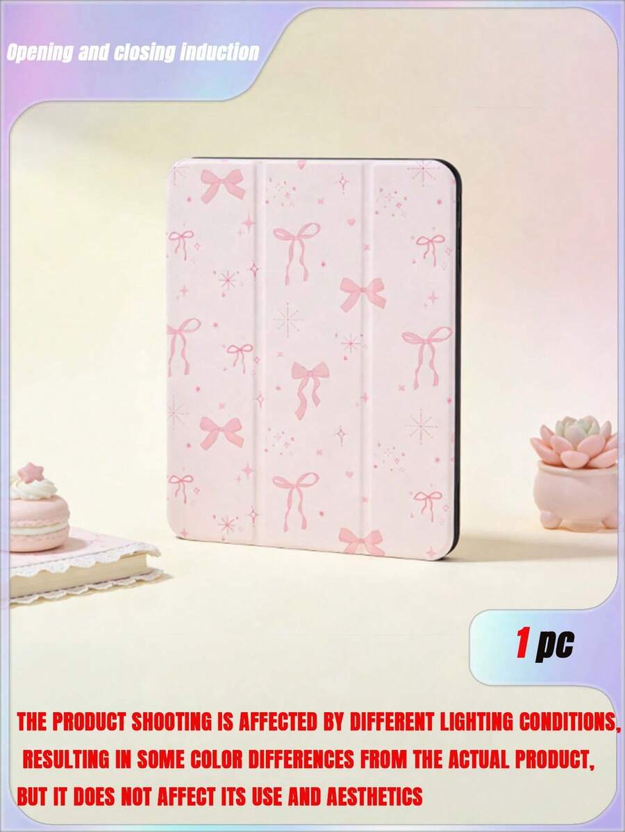 精致可爱的卡通粉色蝴蝶结扁平外壳，防震耐用，带笔槽，支持睡眠/唤醒功能 - 彩色 - 查看 1
