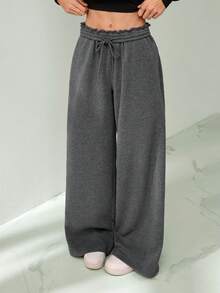 SHEIN Tall 秋冬新款休闲加厚弹力腰宽松阔腿运动裤，显瘦百搭，春夏休闲百搭款式 - 深灰色 - 查看 6