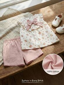 Cozy Pixies Baby Girl Floral Print Bow Front Ruffle Trim Top & Shorts - Multicolor - View 1