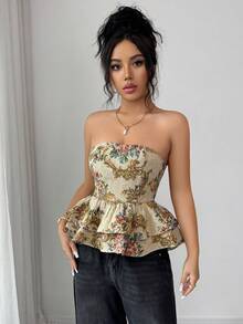 SHEIN Elenzya 女士优雅提花面料短款荷叶边抹胸上衣，休闲沙滩度假日常外出约会派对晚宴时尚性感百搭上衣 - 彩色 - 查看 3