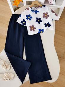 Sparklyn 2件套女童碎花印花T恤和高腰纹理阔腿裤套装 - 藏蓝色 - 查看 1