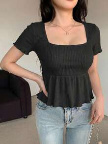 DAZY 女士夏季方领纹理面料A字下摆短袖休闲性感T恤娃娃衫 - 黑色 - 查看 4