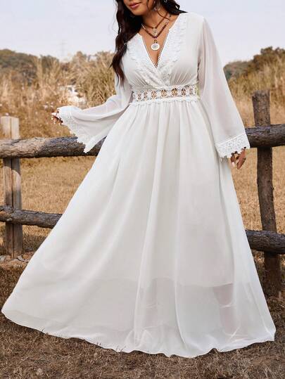 Ceyna 大码编织花卉饰边领长袖收腰喇叭连衣裙，适合婚礼、派对、假日穿着