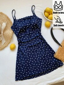 Comfortcana Đầm slip ren họa tiết hoa nhí phối màu tương phản dành cho nữ, thích hợp cho kỳ nghỉ hè. - Màu xanh hải quân - Xem 1