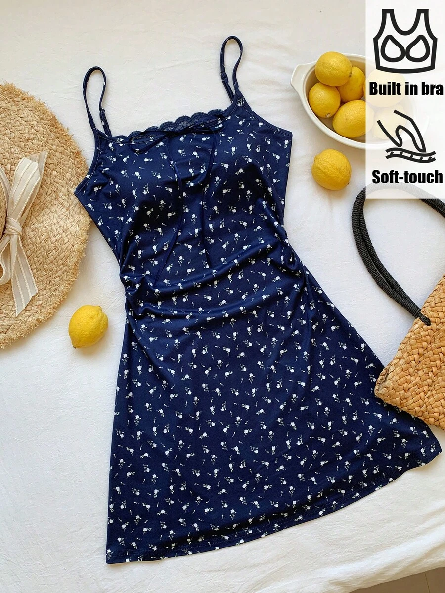 Comfortcana Đầm slip ren họa tiết hoa nhí phối màu tương phản dành cho nữ, thích hợp cho kỳ nghỉ hè. - Màu xanh hải quân - Xem 1