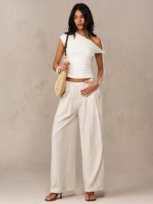 SHEIN BAE 米白色露肩修身长款上衣，饰有不对称扭结细节，适合夏季、休闲、返校、复古和机场穿搭。 - 白色 - 查看 4